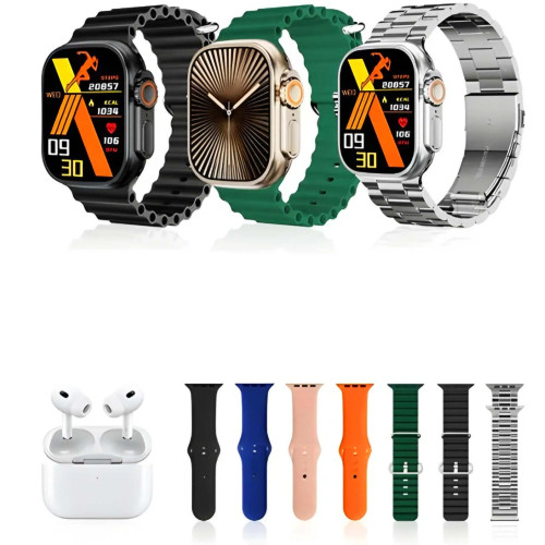 ساعت هوشمند KEQIWEAR مدل KW52 Ultra3 با بند استیل و سیلیکونی به همراه ایرپاد